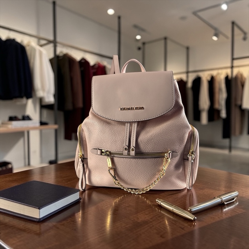 Michael Kors Blush Pink Pebbled Leather Chain-Accent Backpack - Picture 4 of 4